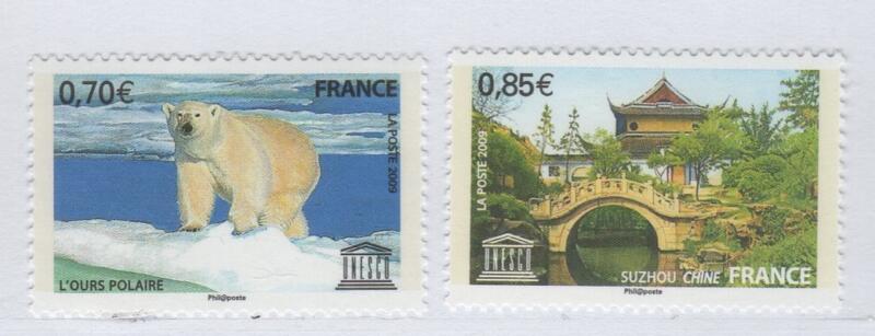 Francobolli Francia Anno 2009 Francobolli di servizio UNESCO Patrimonio universale Luoghi e fauna da proteggere