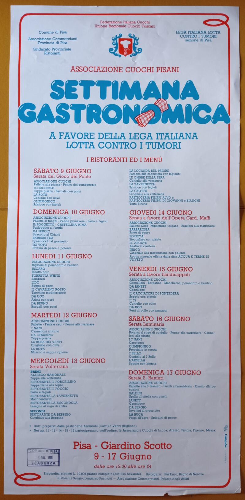 Manifesto pubblicitario Associazione Cuochi Pisani Settimana Gastronomica a favore della Lega Italiana Lotta contro i Tumori
