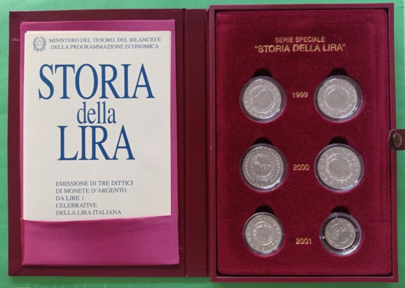 Monete Italia Anno 2001 Emissione di tre trittici di monete d'argento da Lire 1 celebrative della Lira italiana FDC