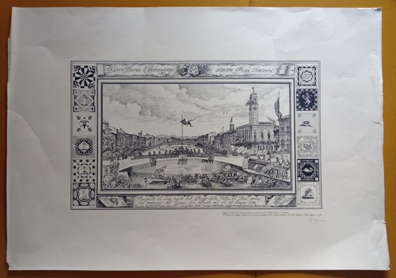 Stampa Prospetto di una parte dell’Arno della Città di Pisa presa dal principio del Gioco del Ponte nel dì 27 Giugno 1982 Disegno di Viviano Viviani Firmata dall’Autore