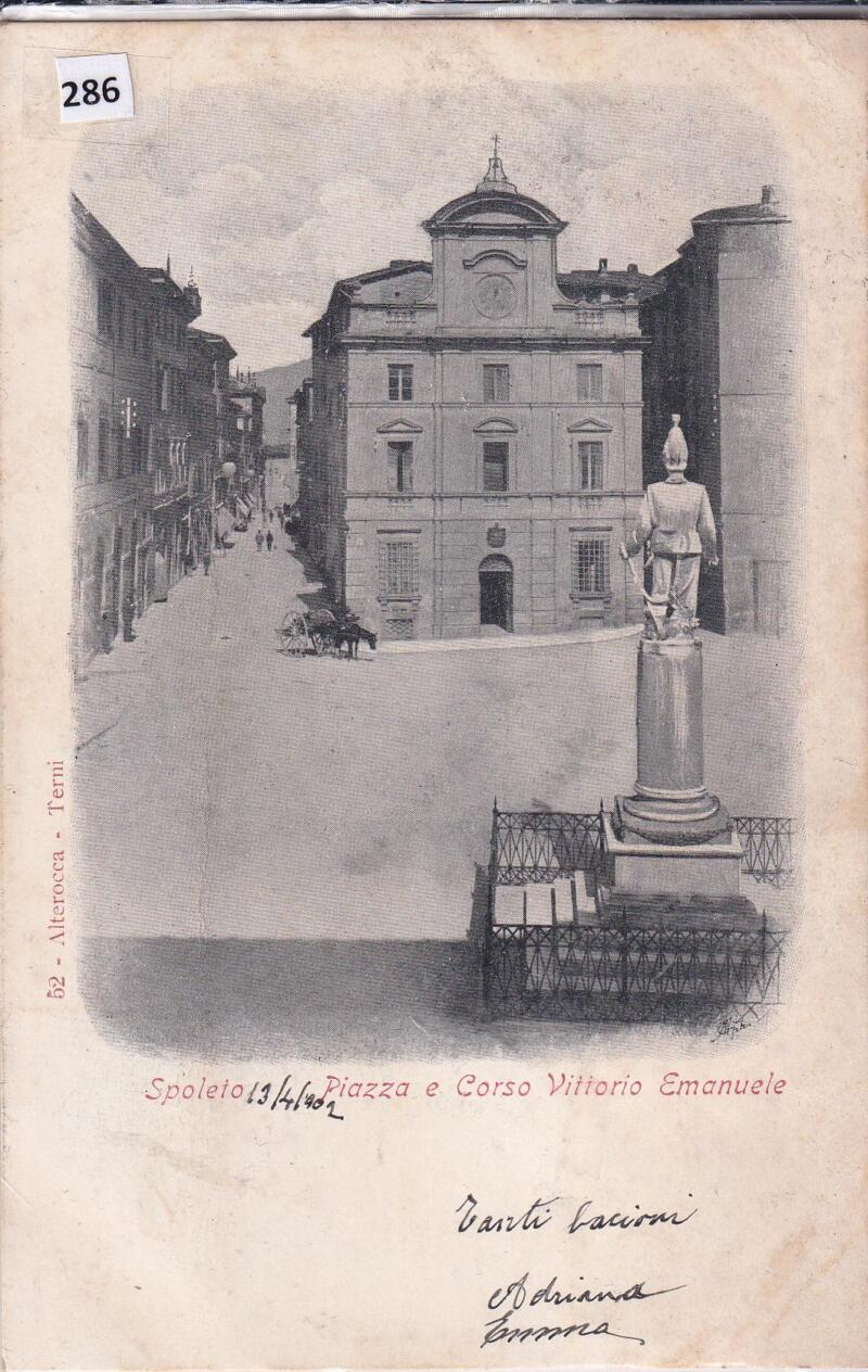 Cartolina illustrata Spoleto Piazza e Corso Vittorio Emanuele