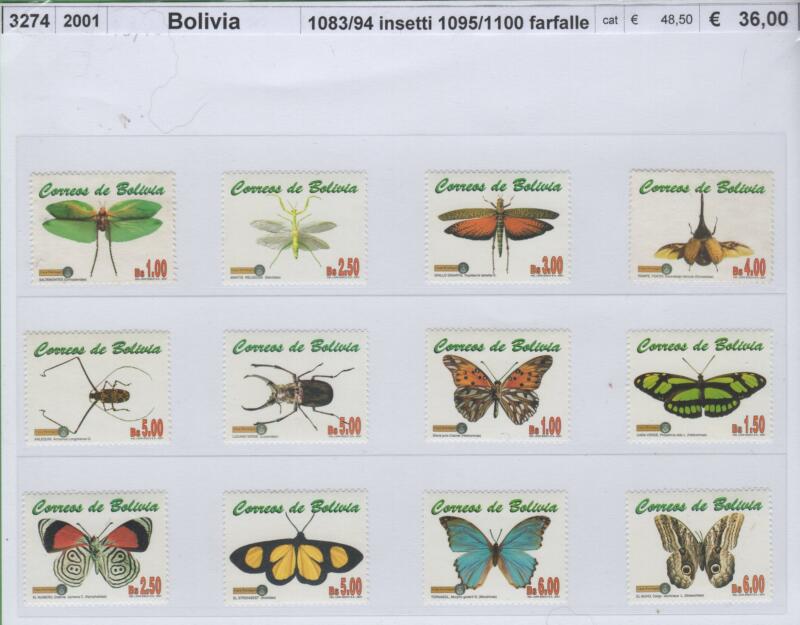 Francobolli Bolivia Anno 2001 Insetti e Farfalle
