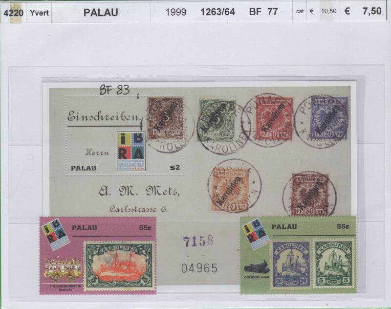 Francobolli e foglietto Palau Anno 1999 Esposizione internazionale filatelica Norimberga