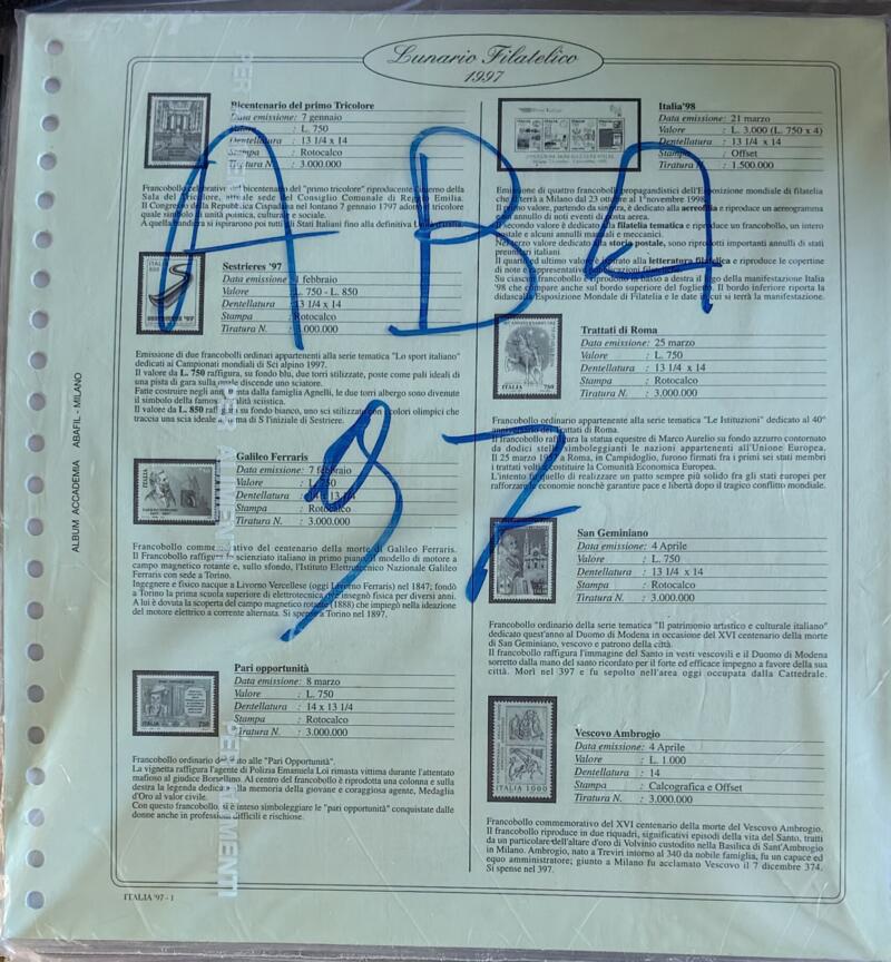 Fogli Album Accademia Abafil Italia 1997 e 1998