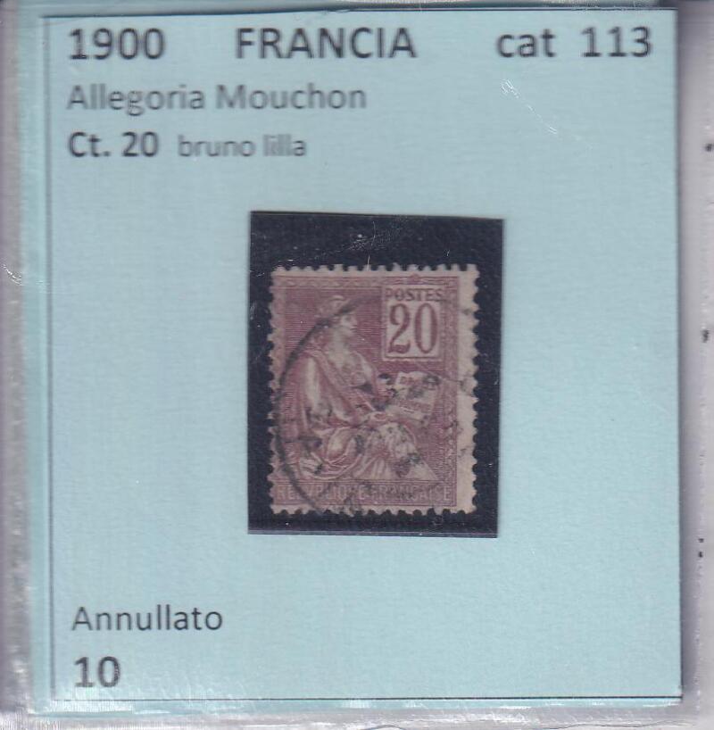 Francobollo Francia Anno 1900 Allegoria tipo Mouchon Ct.20 bruno lilla