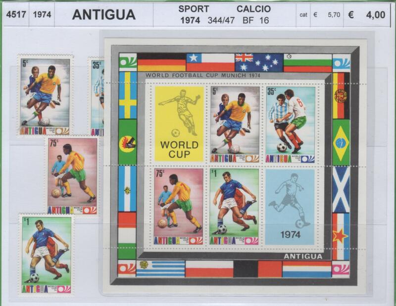 Francobolli e foglietto Antigua Anno 1974 Campionati mondiali di calcio Monaco