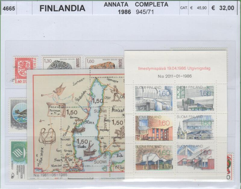 Francobolli e foglietti Finlandia Anno 1986 Annata completa