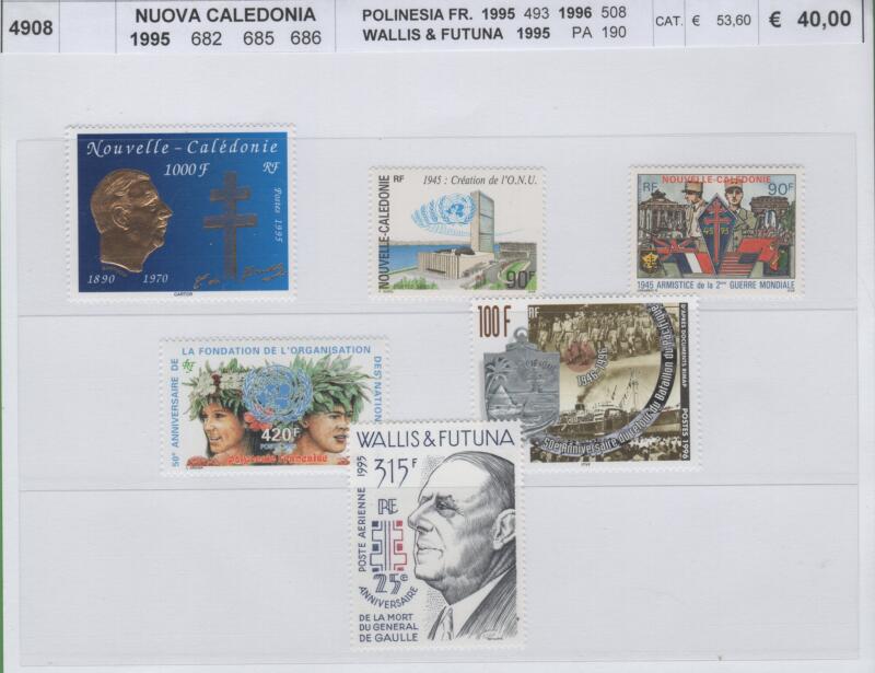Francobolli Nuova Caledonia - Polinesia Francese - Wallis e Futuna Anni 1995-1996 Varie emissioni celebrative del 25esimo anniversario della morte di De Gaulle e del 50esimo anniversario dell'istituzione delle Nazioni Unite