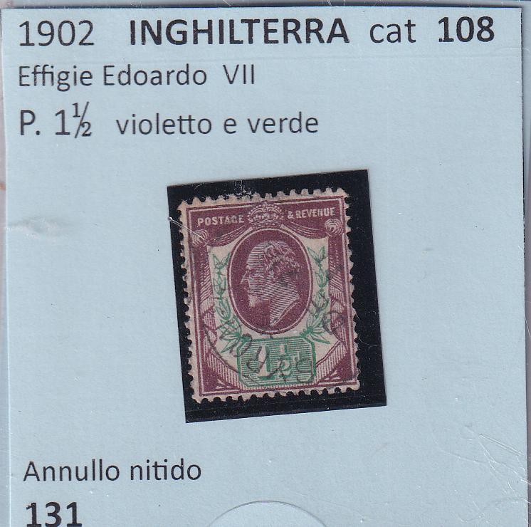 Francobollo Gran Bretagna Anno 1902 Effigie di Re Edoardo VII P.1 e 1/2 violetto e verde