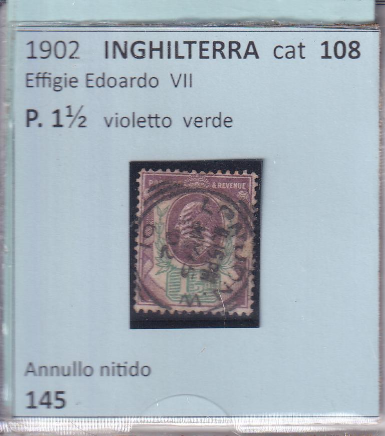 Francobollo Gran Bretagna Anno 1902 Effigie di Re Edoardo VII P.1 e 1/2 violetto e verde