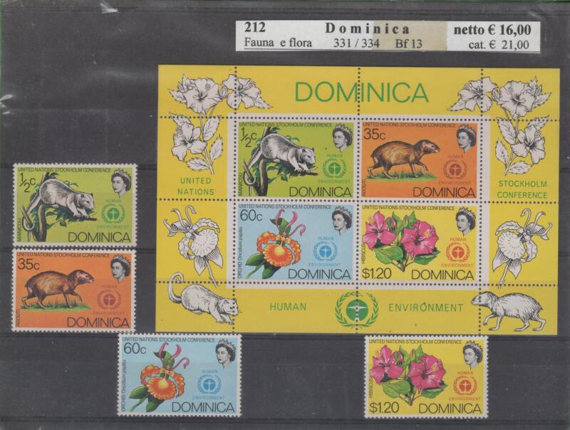 Francobolli e foglietto Dominica Anno 1972 Conferenza delle Nazioni Unite sull'ambiente umano a Stoccolma