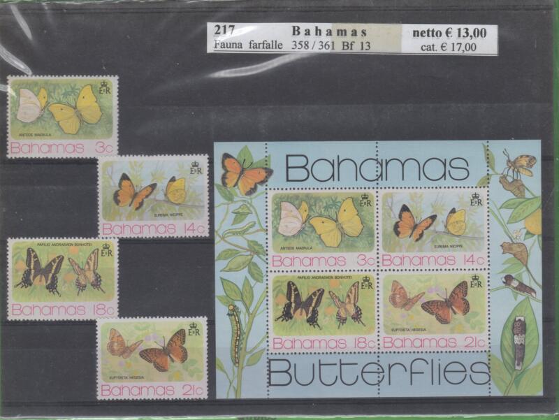 Francobolli e foglietto Bahamas Anno 1975 Farfalle