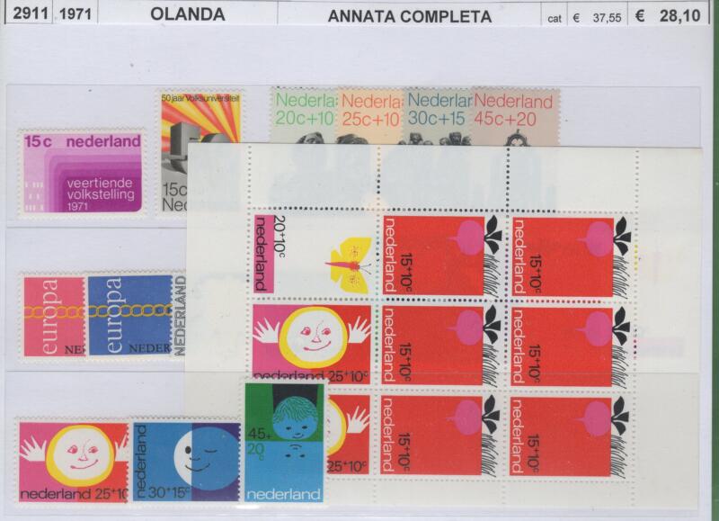 Francobolli e foglietto Olanda Anno 1971 Annata completa