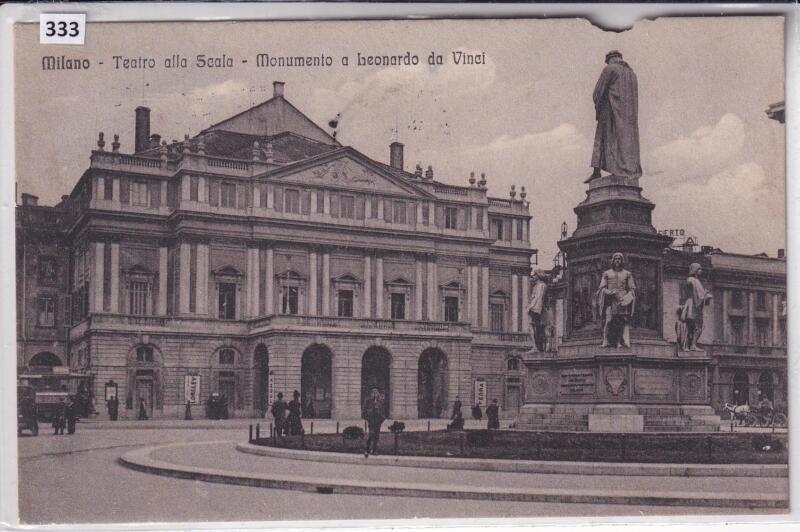 Cartolina illustrata Milano Teatro alla Scala Monumento a Leonardo da Vinci