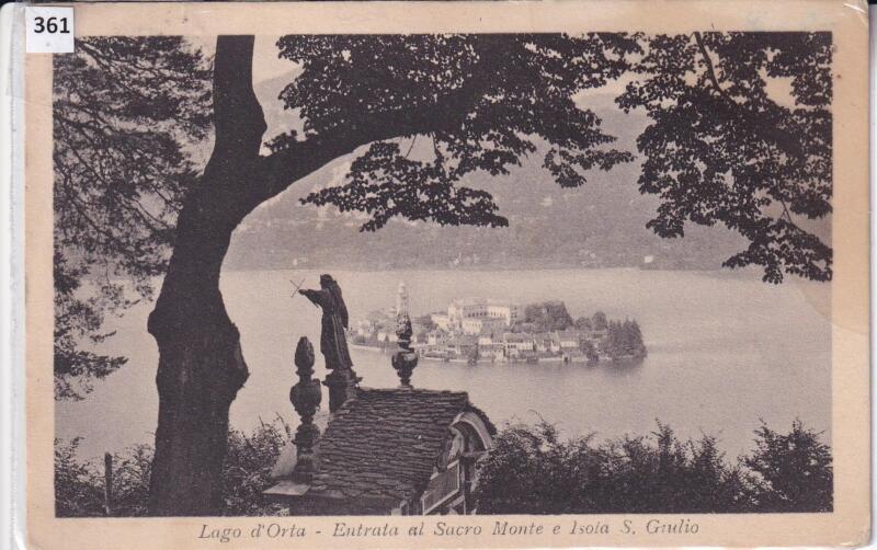 Cartolina illustrata Lago d’Orta Entrata al Sacro Monte e Isola S. Giulio