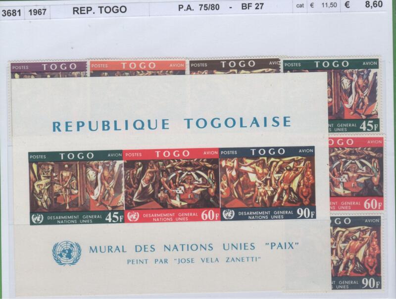 Francobolli e foglietto Togo Anno 1967 Murale per le Nazioni Unite 'Lotta per una pace duratura' di Jose Vela Zanetti