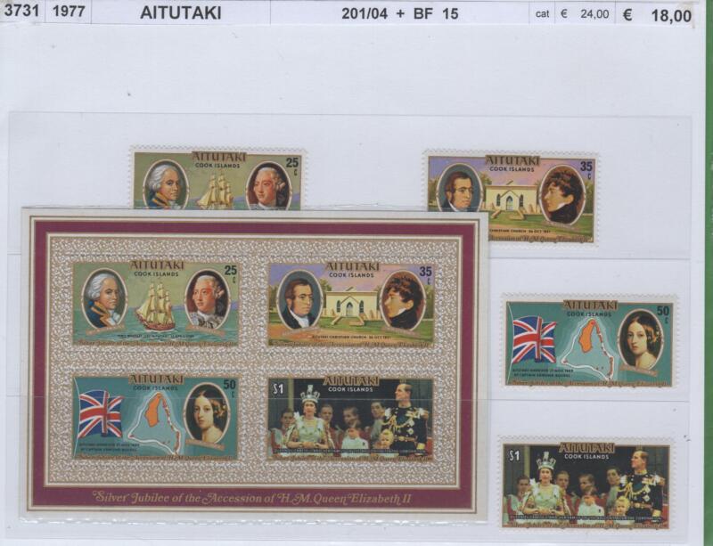 Francobolli e foglietto Aitutaki Anno 1977 25esimo anniversario Regno Elisabetta II