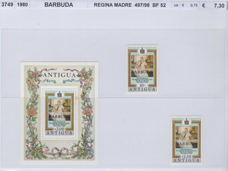 Francobolli e foglietto Barbuda Anno 1980 80esimo compleanno Elisabetta I la Regina Madre