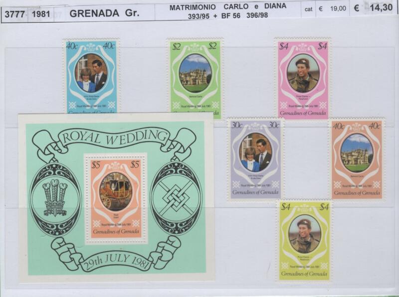 Francobolli e foglietto Grenada Grenadines Anno 1981 Nozze Reali Carlo e Diana