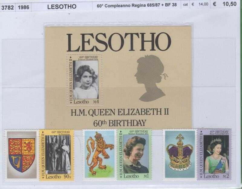 Francobolli e foglietto Lesotho Anno 1986 60esimo compleanno Regina Elisabetta II