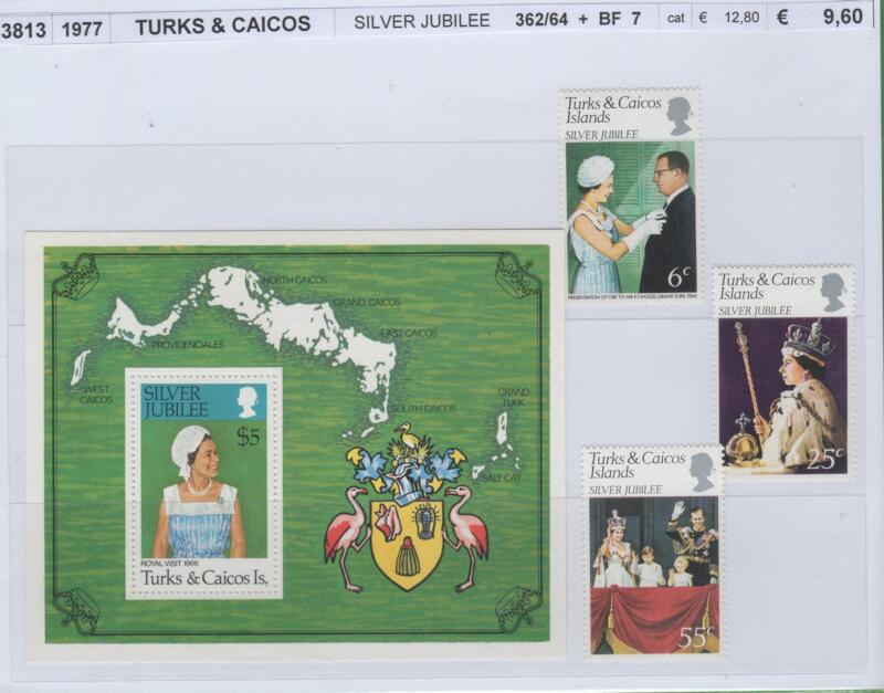 Francobolli e foglietto Turks e Caicos Anno 1977 25esimo anniversario Regno Elisabetta II