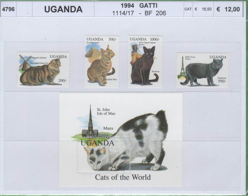Francobolli e foglietto Uganda Anno 1994 Gatti