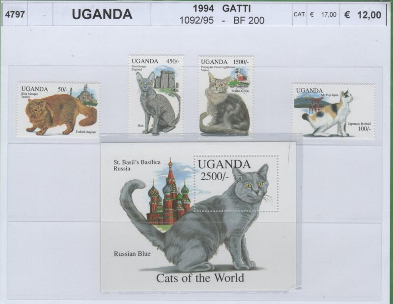 Francobolli e foglietto Uganda Anno 1994 Gatti