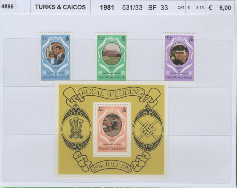 Francobolli e foglietto Turks e Caicos Anno 1981 Nozze Reali di Carlo e Diana