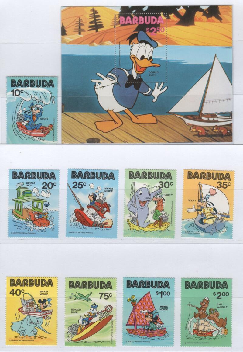 Francobolli e foglietto Barbuda Anno 1981 Tematica Disney Disegni di Walt Disney