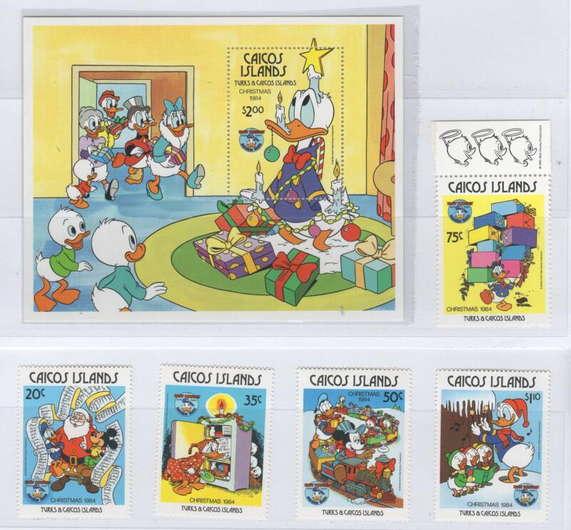 Francobolli e foglietto Caicos Anno 1984 Tematica Disney Natale
