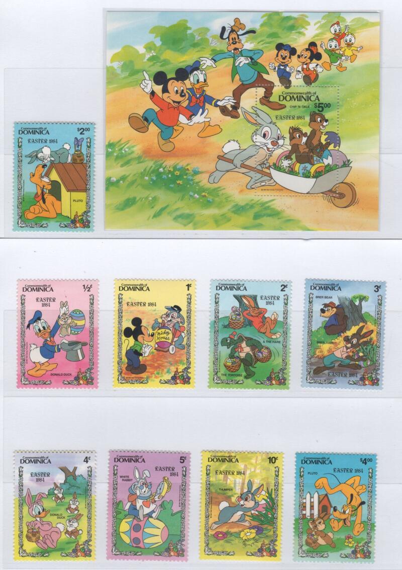 Francobolli e foglietto Dominica Anno 1984 Tematica Disney Pasqua