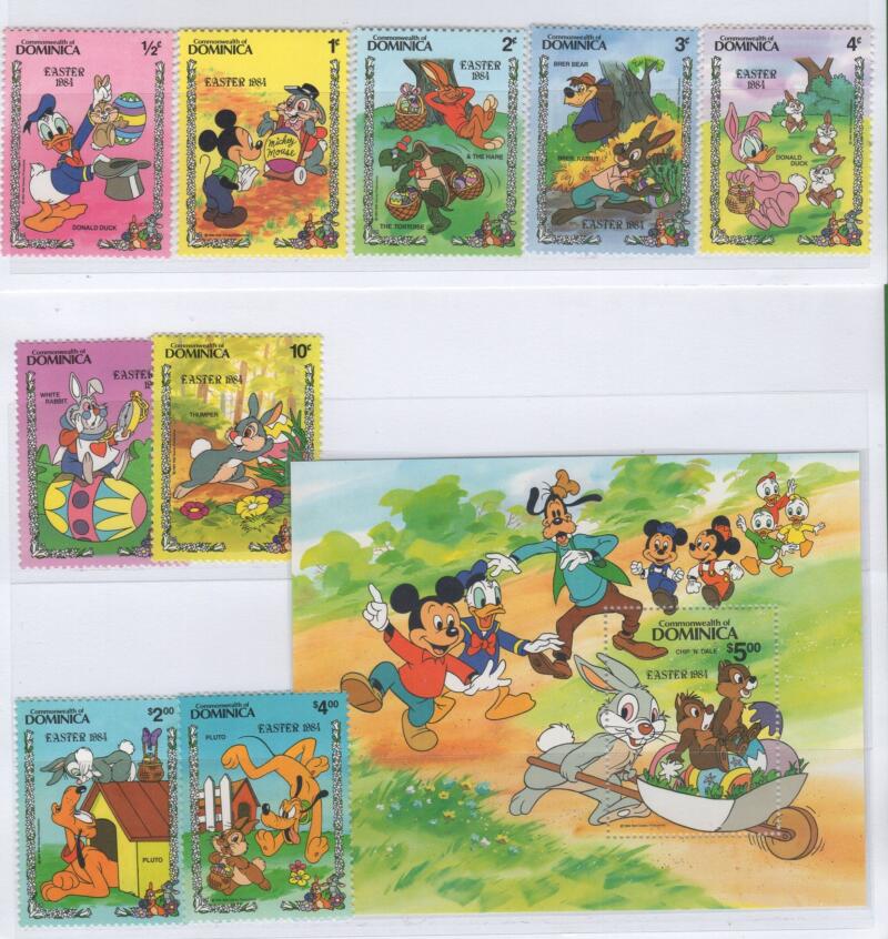 Francobolli e foglietto Dominica Anno 1984 Tematica Disney Pasqua