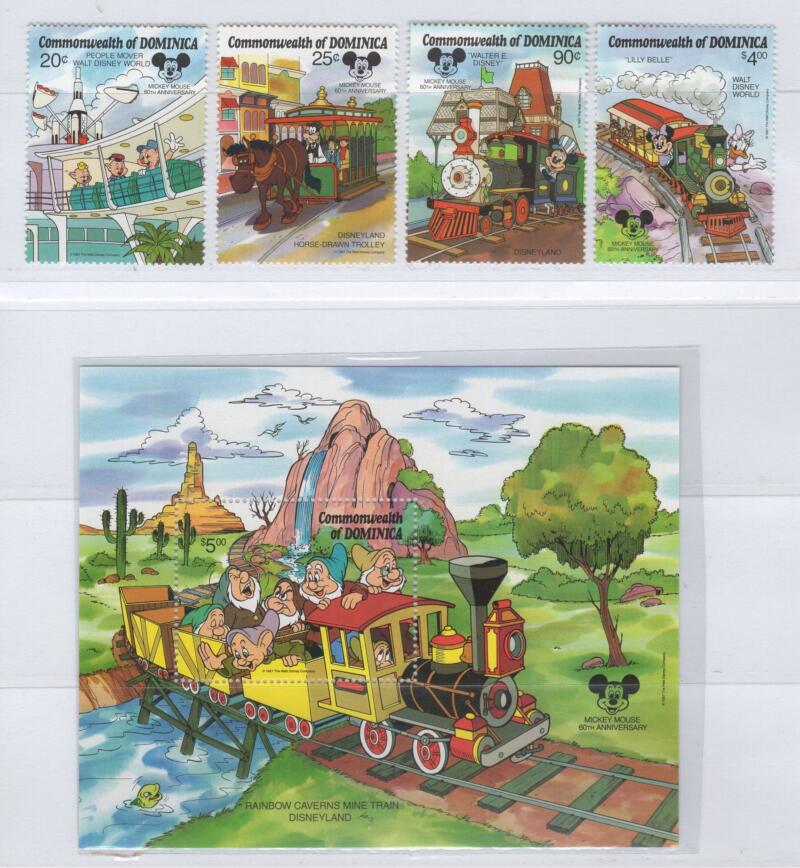 Francobolli e foglietto Dominica Anno 1987 Tematica Disney 60esimo anniversario di Mickey Mouse