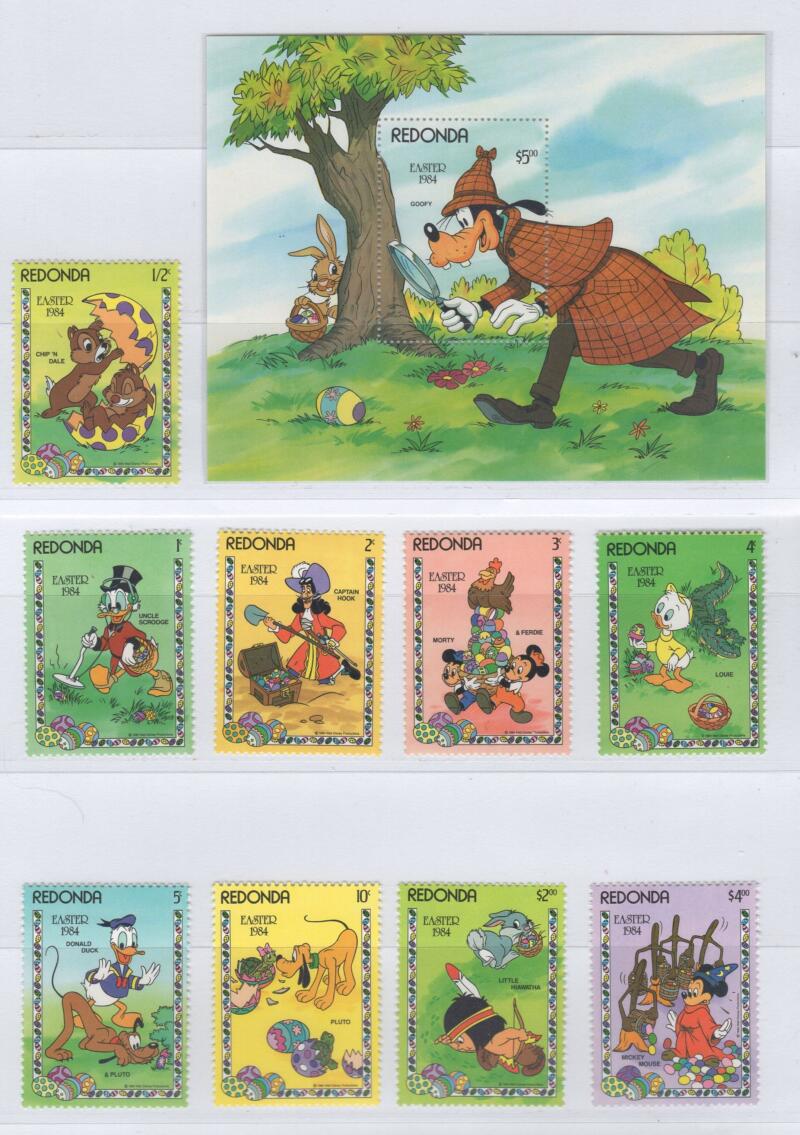 Francobolli e foglietto Redonda Anno 1984 Tematica Disney Pasqua