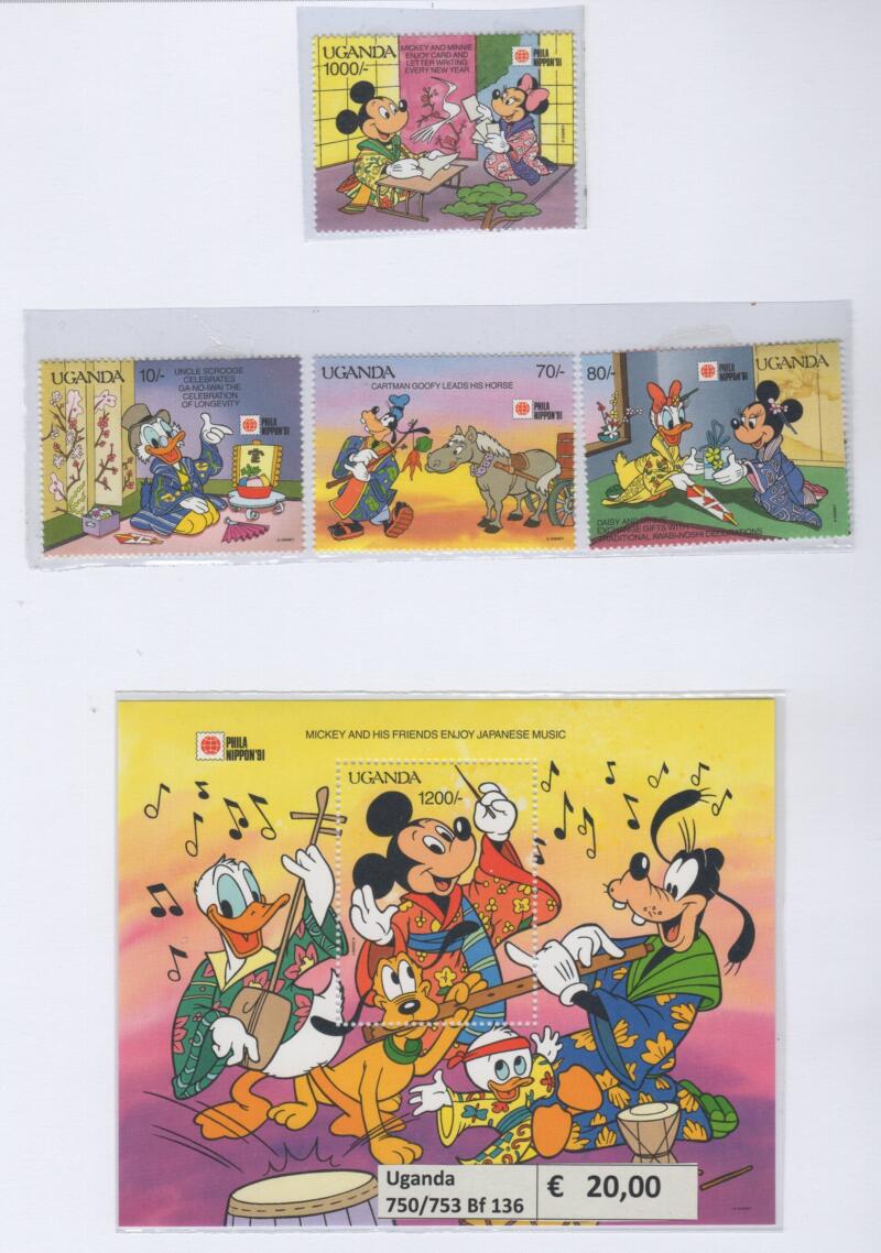Francobolli e foglietto Uganda Anno 1991 Tematica Disney Philanippon 91