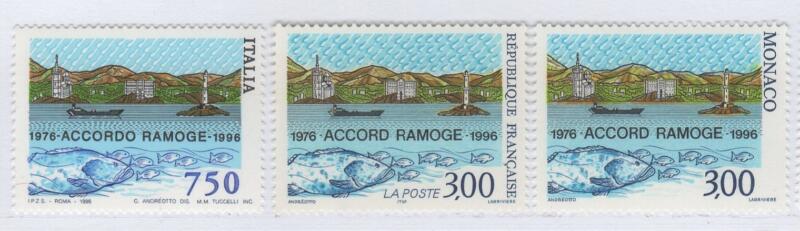 Francobolli Emissione congiunta Italia Repubblica Francia Monaco Anno 1996 20esimo anniversario dell'Accordo RA.MO.GE.