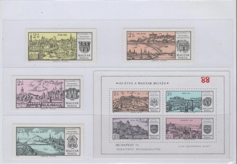 Francobolli e foglietto Ungheria Anno 1971 Budapest 71 Esposizione filatelica Centenario dei francobolli ungheresi terza serie