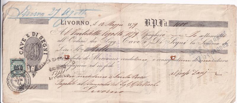 Pagherò cambiario Buono Per Lire 1000 emesso a Livorno il 12 maggio 1879 a data 27 agosto 1879