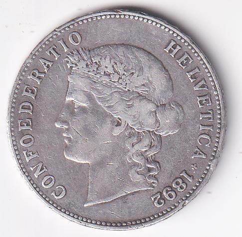 Moneta Svizzera Anno 1892 Franchi 5