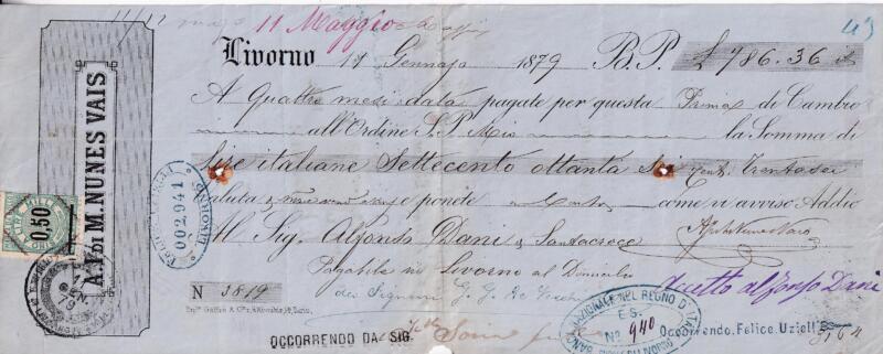 Prima di cambio emessa a Livorno in data 11 gennaio 1879 a quattro mesi data B.P. Lit. 786,36