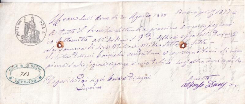 Pagherò cambiario interamente scritto a mano emesso a Santa Croce sull’Arno il 2 agosto 1888 per tutto il 30 settembre successivo Buono per Lire 1.077