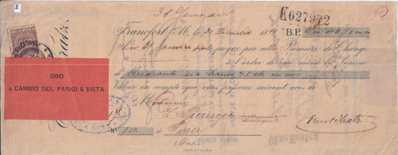 Prima di cambio emessa a Francoforte sul Meno il 30 dicembre 1899 B.P fis 46,75 cm