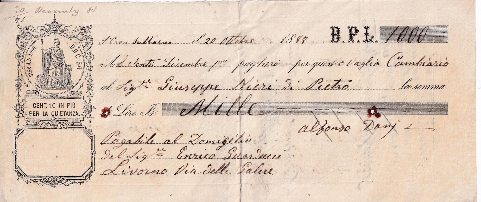3 Lire 1000 A Vaglia cambiario Buono per Lire 1000 emesso a Santa Croce sull’Arno il 20 ottobre 1888 a data 20 dicembre 1888