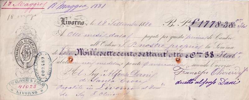 Prima di cambio a otto mesi data emessa a Livorno il 18 settembre 1880 Buono Per Lire 1778 e 38 centesimi