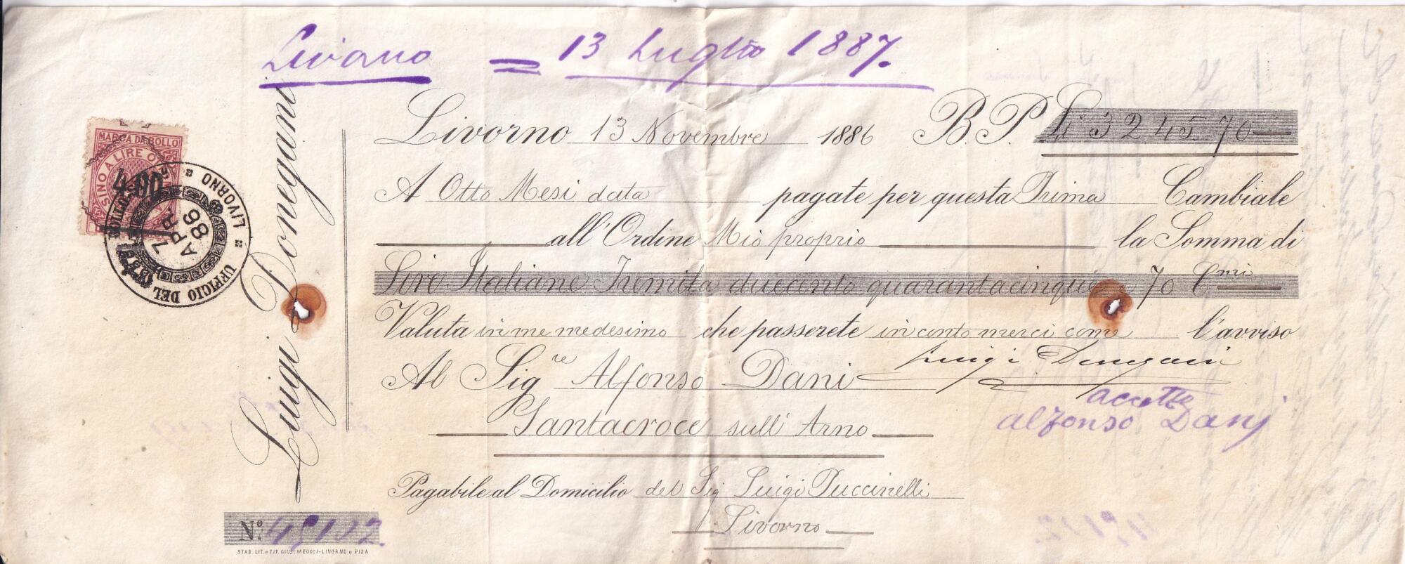 6 DONEGANI A Prima cambiale a otto mesi data emessa a Livorno il 13 novembre 1886 B.P. Lire 3245 e 70 Centesimi