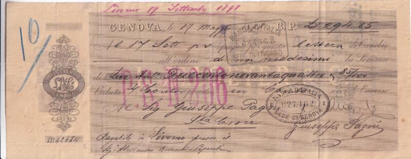 Lettera di cambio n. 42684 emessa a Genova il 17 maggio 1898 al 17 settembre 1898 B.P. Lit. 294,85