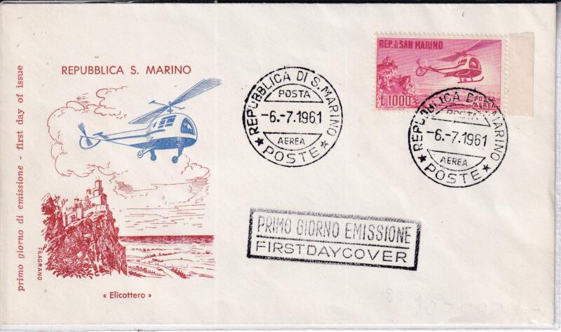 Busta Primo Giorno San Marino Anno 1961 Posta Aerea Elicottero