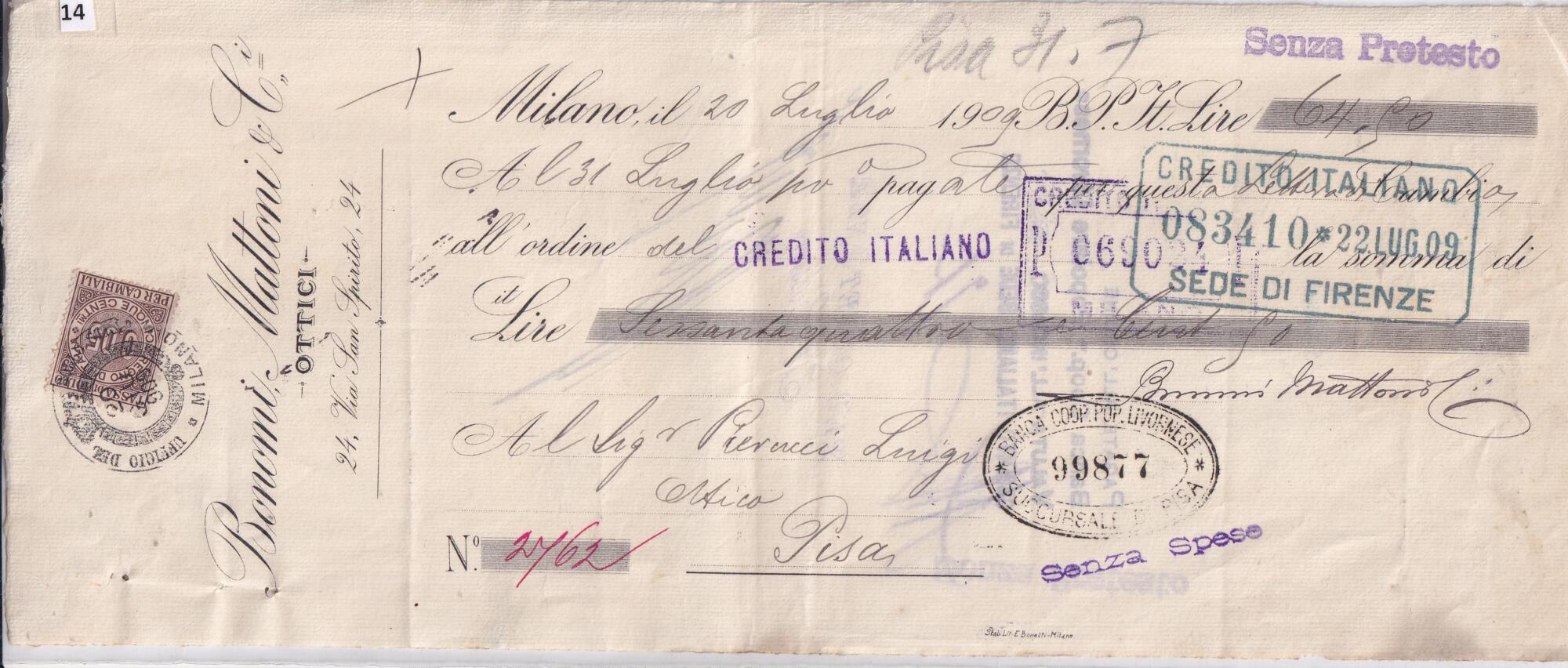 14 A Lettera di Cambio emessa da BONOMI MATTONI & C. – OTTICI il 20 luglio 1909 per Lire 64,90