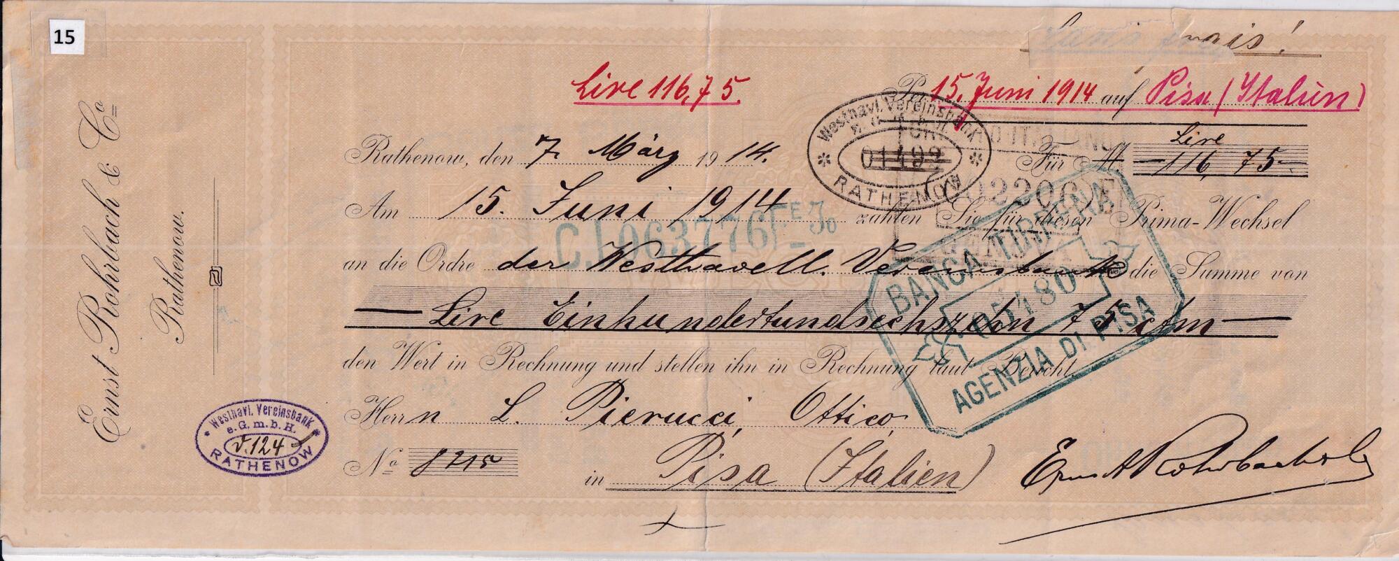 15 A Prima di Cambio n. 845 emessa da ERNST ROHRBACH il 7 marzo 1914 per Lire 116,75