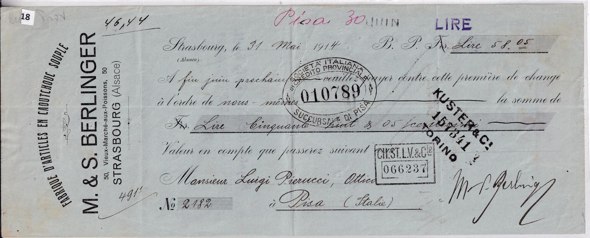 18 A Prima di cambio N. 2182 emessa il 31 maggio 1914 da M. & S. BERLINGER Buono Per Lire 58.05 scadenza 30 giugno 1914